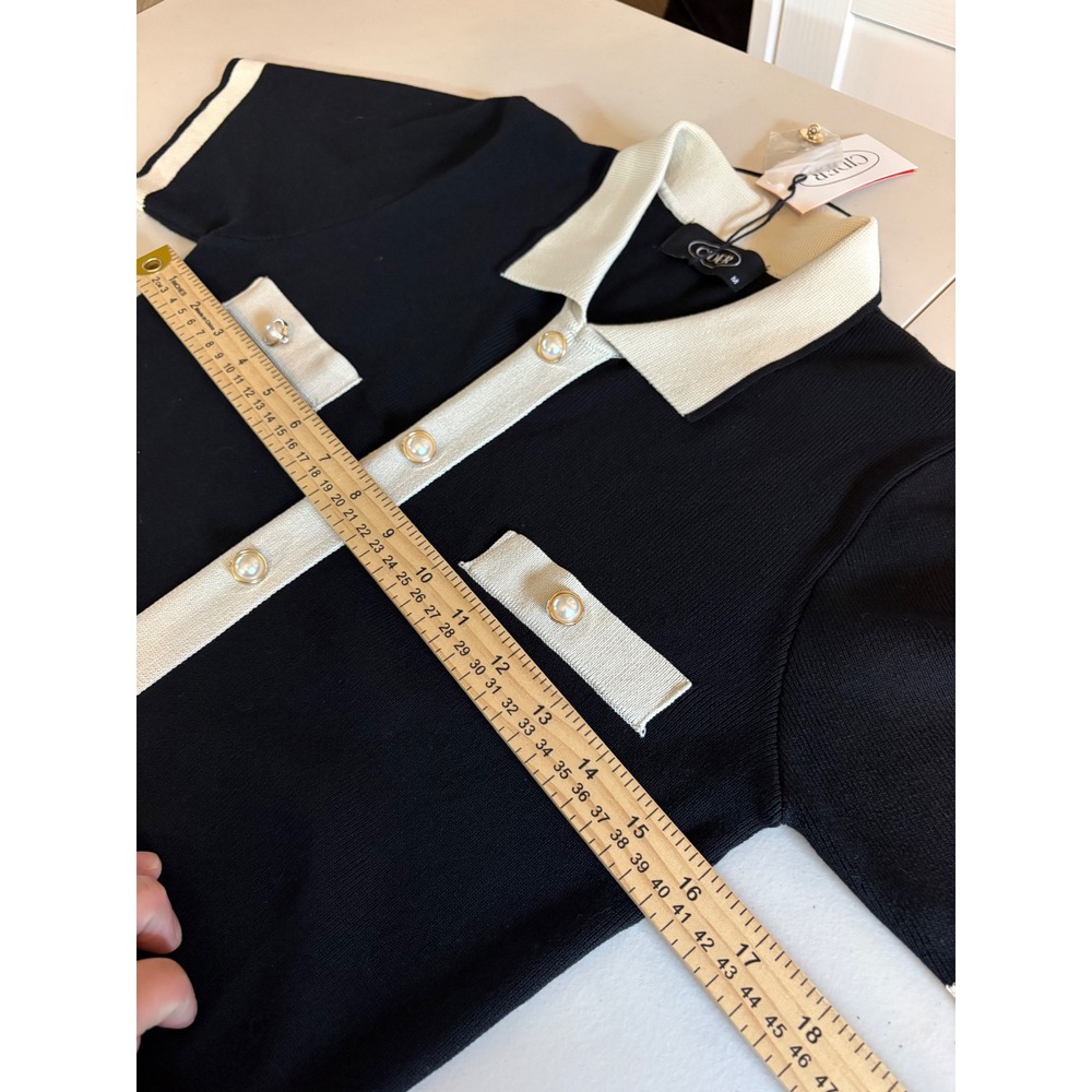 Cider Black Cream Knit Button Front Mod Dress Pearl Buttons M - Picture 8 of 8